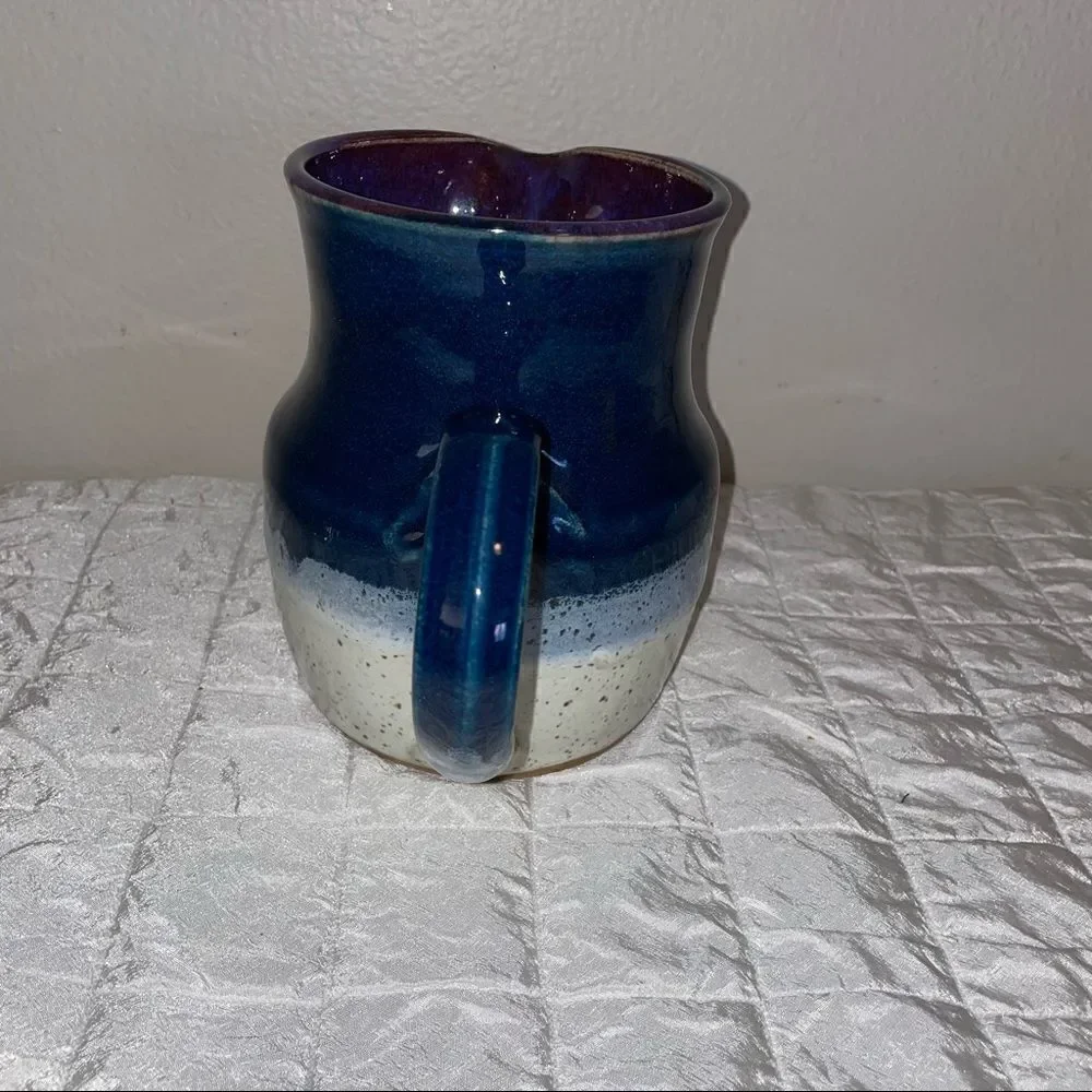HANDMADE RUSTIC POTTERY pitcher in violets-off white